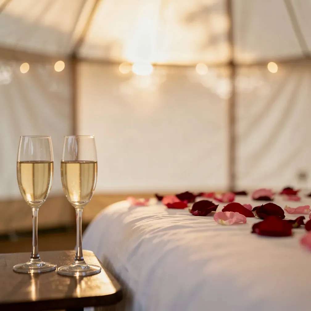 Zwei Champagnergläser neben einem Bett mit verstreuten Rosenblättern.