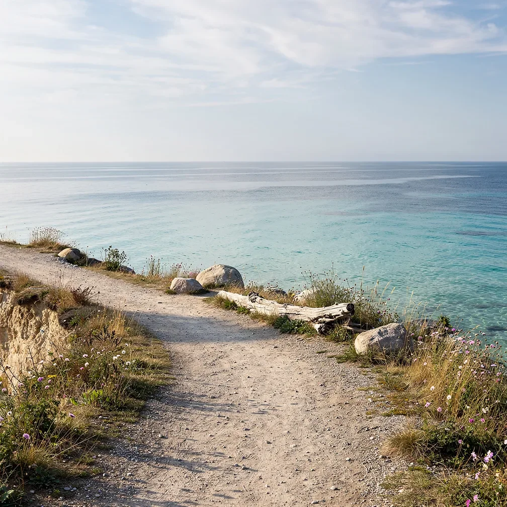 Heller Küstenweg mit freiem Blick auf ruhiges, klares Wasser bei Tageslicht.