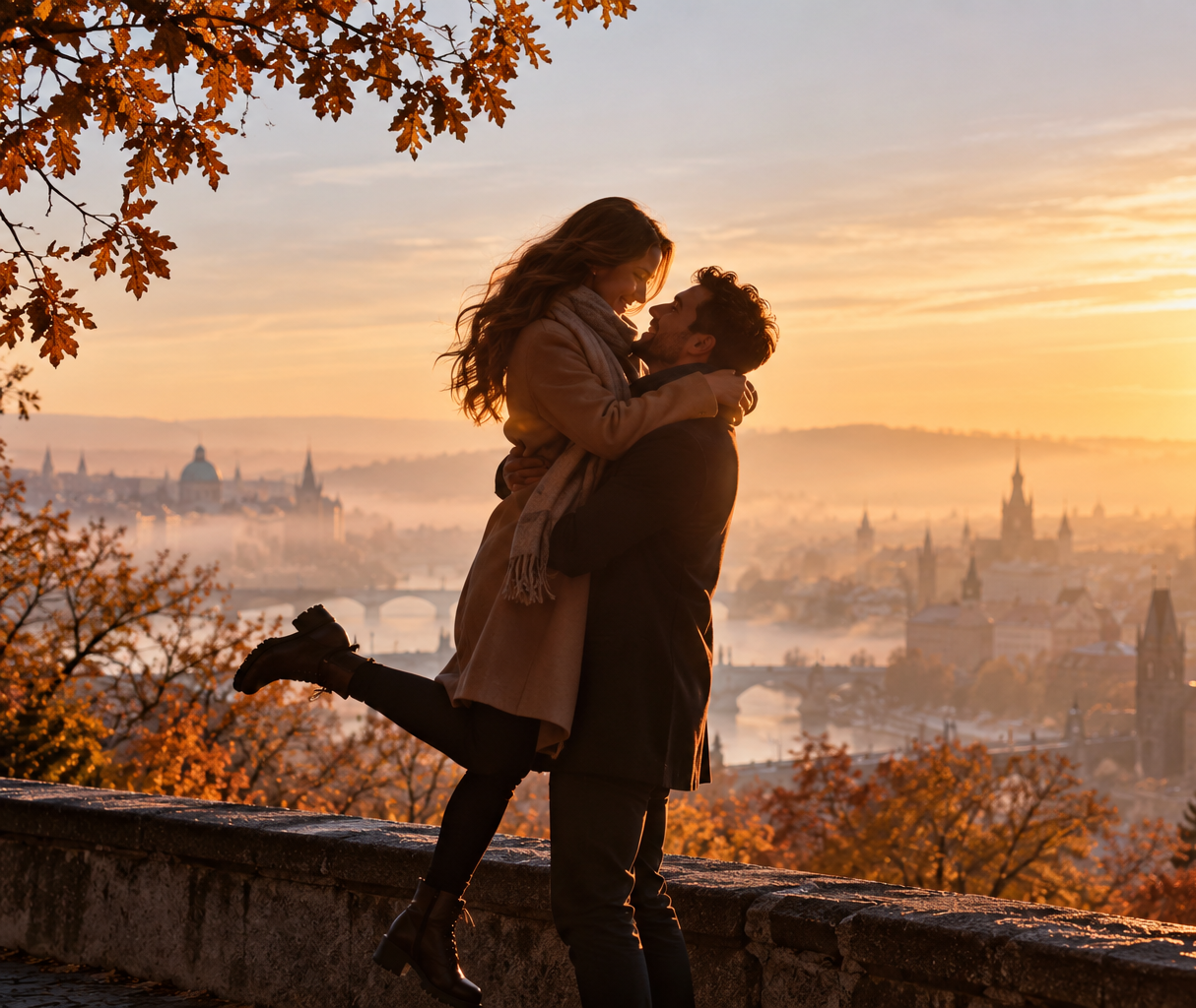 Romantisches Paar in herbstlicher Kleidung vor einer Stadt-Silhouette an einem frostigen Herbstmorgen.