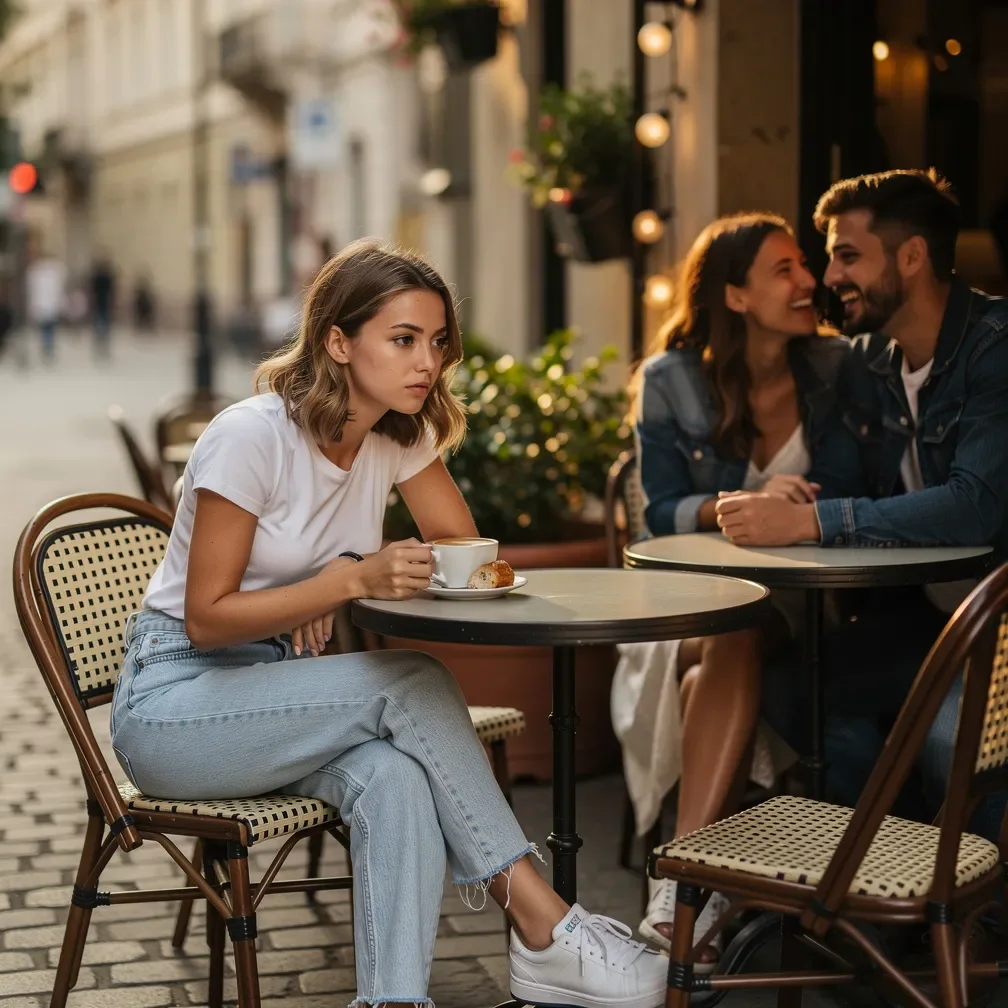 Junge Frau sitzt allein auf einer Café-Terrasse neben einem glücklichen Paar und wartet vergeblich auf ihr Date.