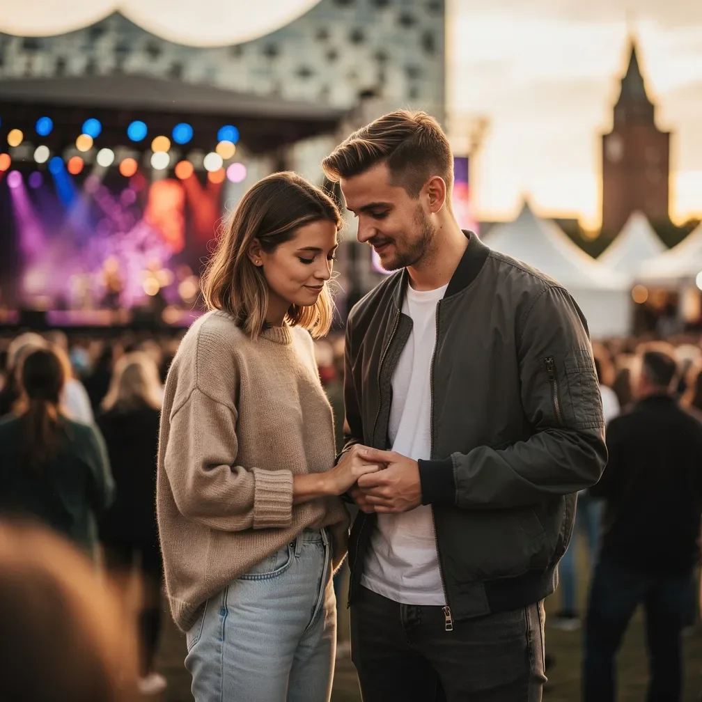 Junges attraktives Paar bei einem Open-Air-Konzert in Hamburg, das sich schüchtern anschaut und zärtlich an den Händen hält.