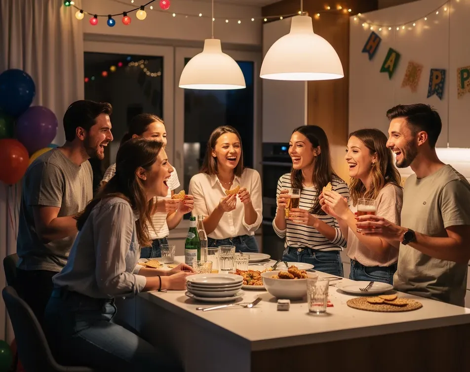 Fröhliche Gruppe junger Leute feiert gemeinsam in einer Küche.