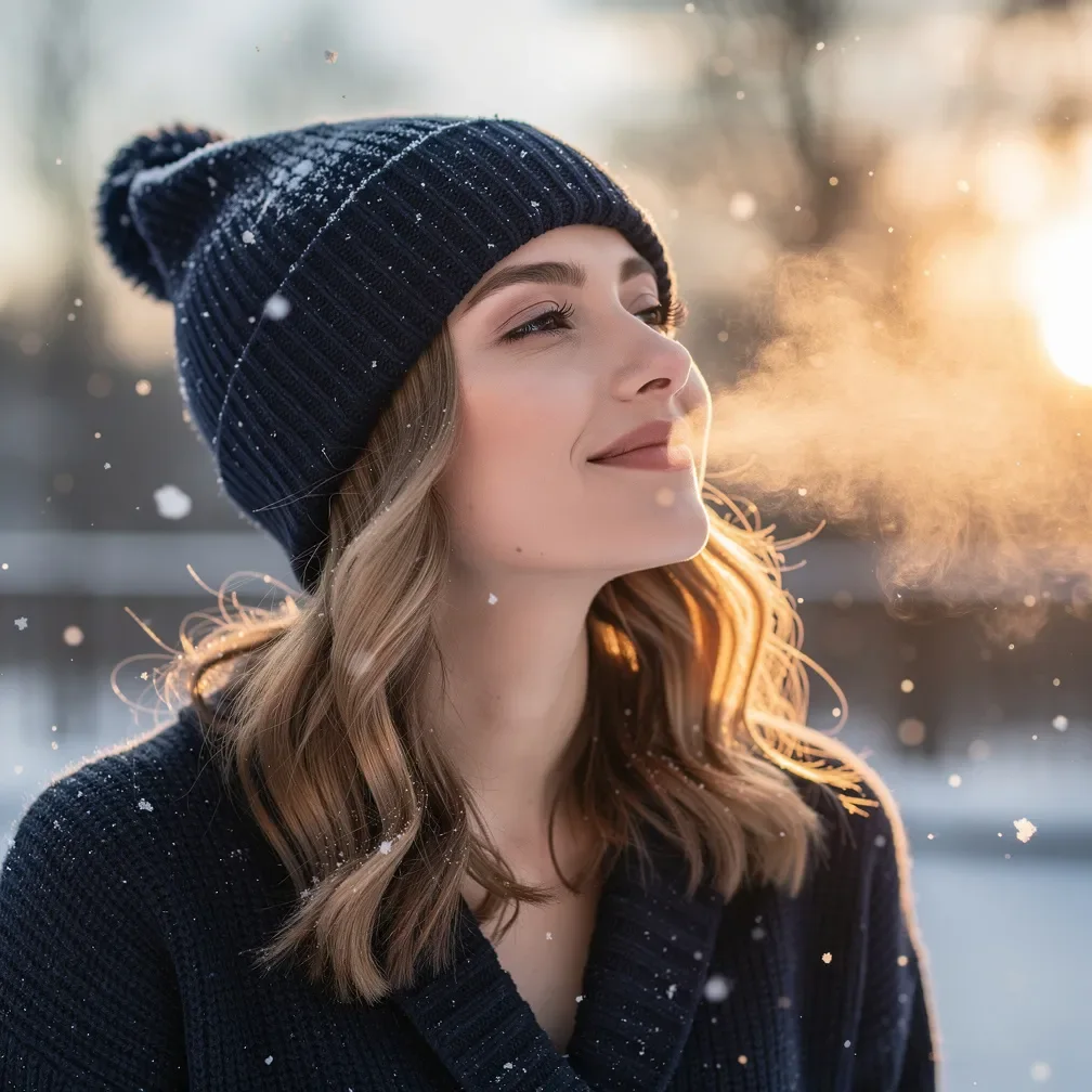 Natürlich wirkende attraktive junge Frau mit hellbraunen Haaren, dunkelblauer trendiger Mütze und Cardigan lächelt mit geschlossenen Augen und blickt nach oben, während bei winterlichem Sonnenschein leichter Schnee fällt.