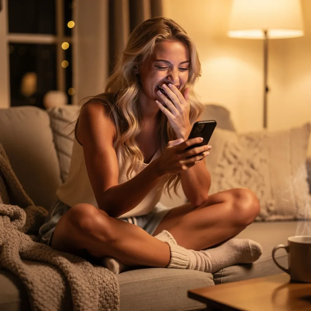 Junge blonde Frau mit langen, offenen, welligen Haaren sitzt in gemütlicher Winteratmosphäre zu Hause und hält sich lachend die Hand vor den Mund, während sie eine Nachricht auf ihrem Smartphone liest.