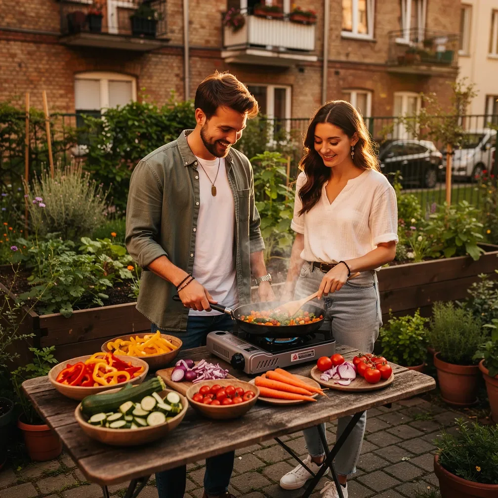 Junges, trendiges deutsches Paar kocht gemeinsam buntes Gemüse in einem schönen urbanen Garten.