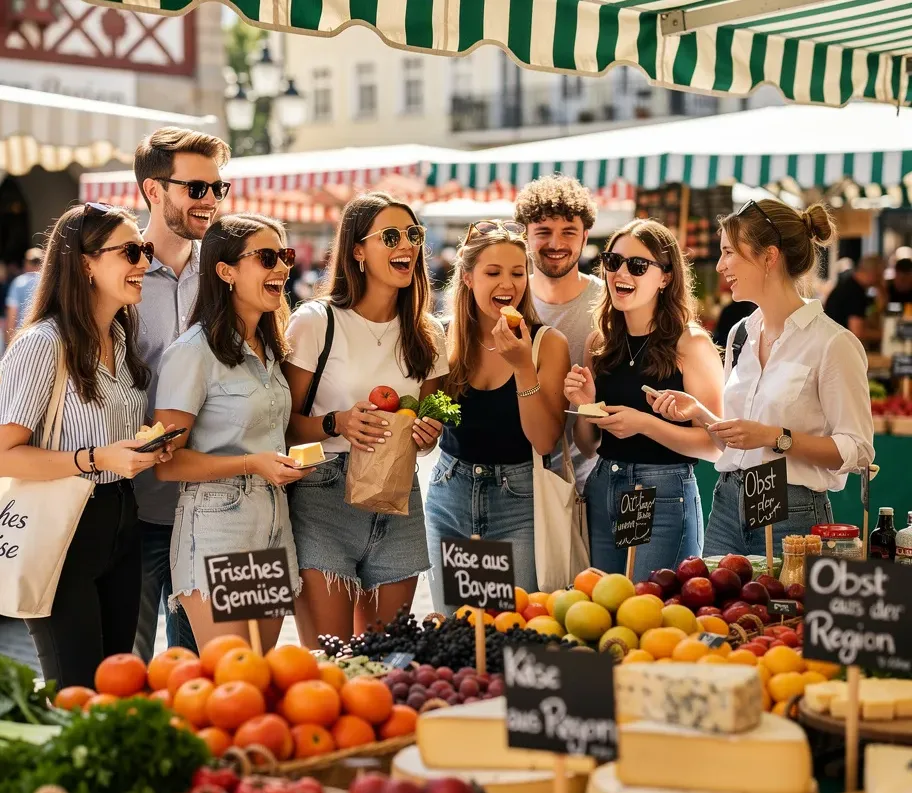 Junge, trendige Frauen und Männer besuchen gemeinsam gut gelaunt einen bunten Gemüse- und Käsemarkt in München.
