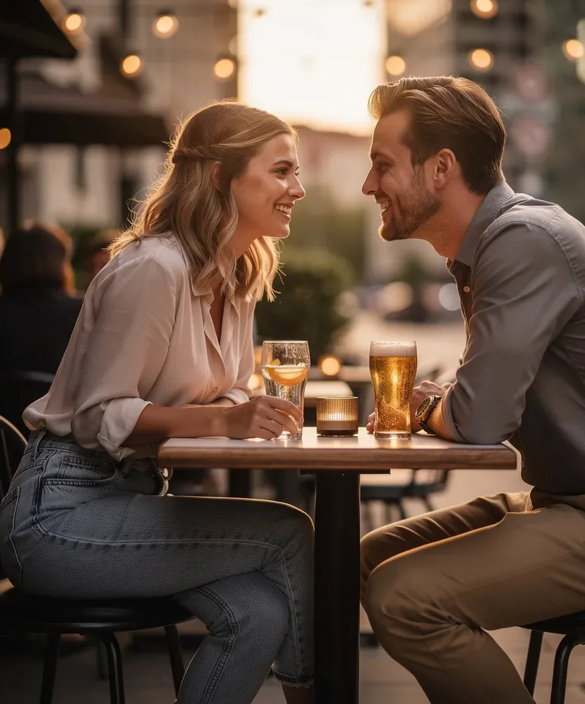 Junges Paar genießt bei einem sommerlichen Date einen romantischen Moment und schaut sich verliebt in die Augen.