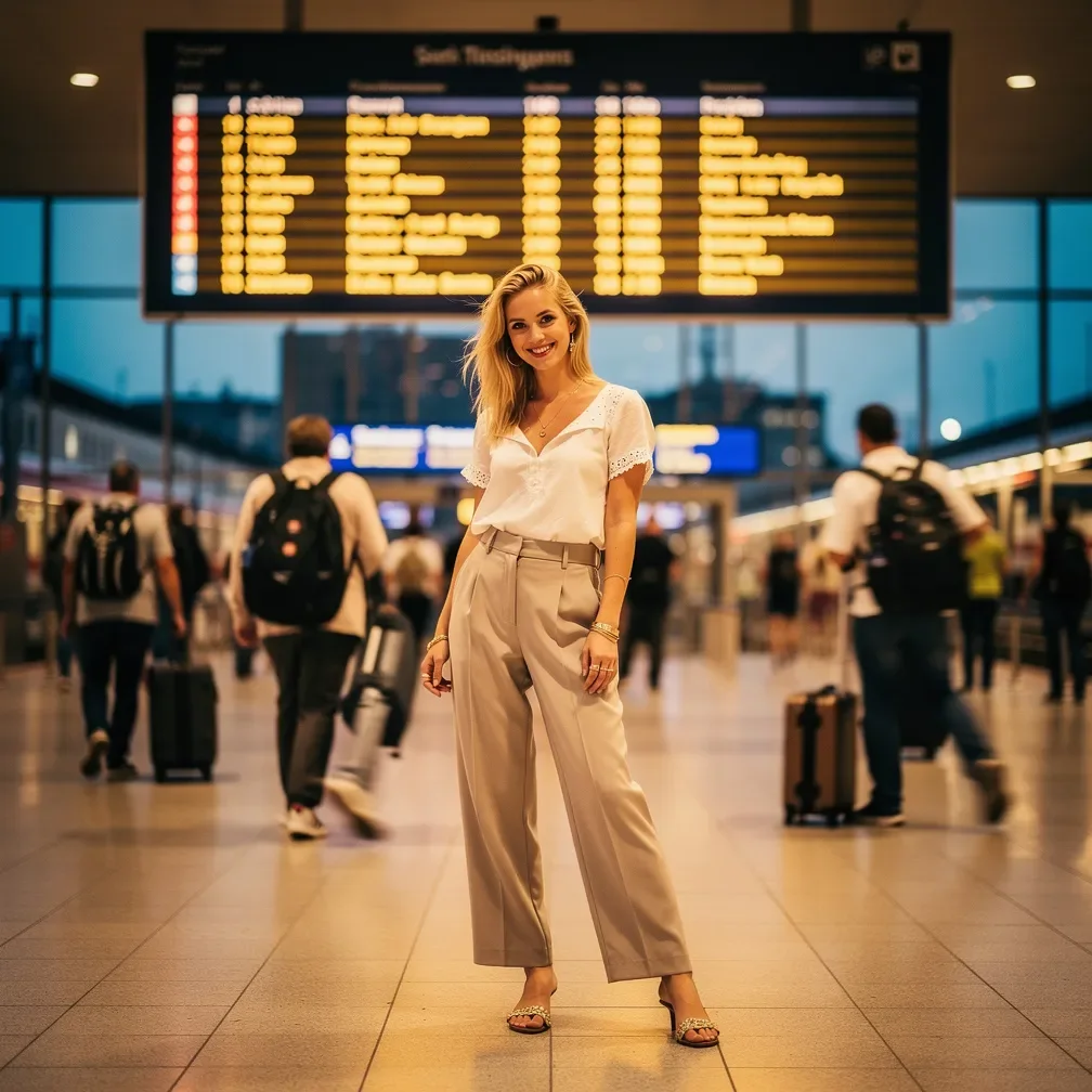 Stilvoll gekleidete junge Frau lächelt an einer beleuchteten Bahnhofstafel, während Reisende zu verschiedenen Bahnsteigen gehen.