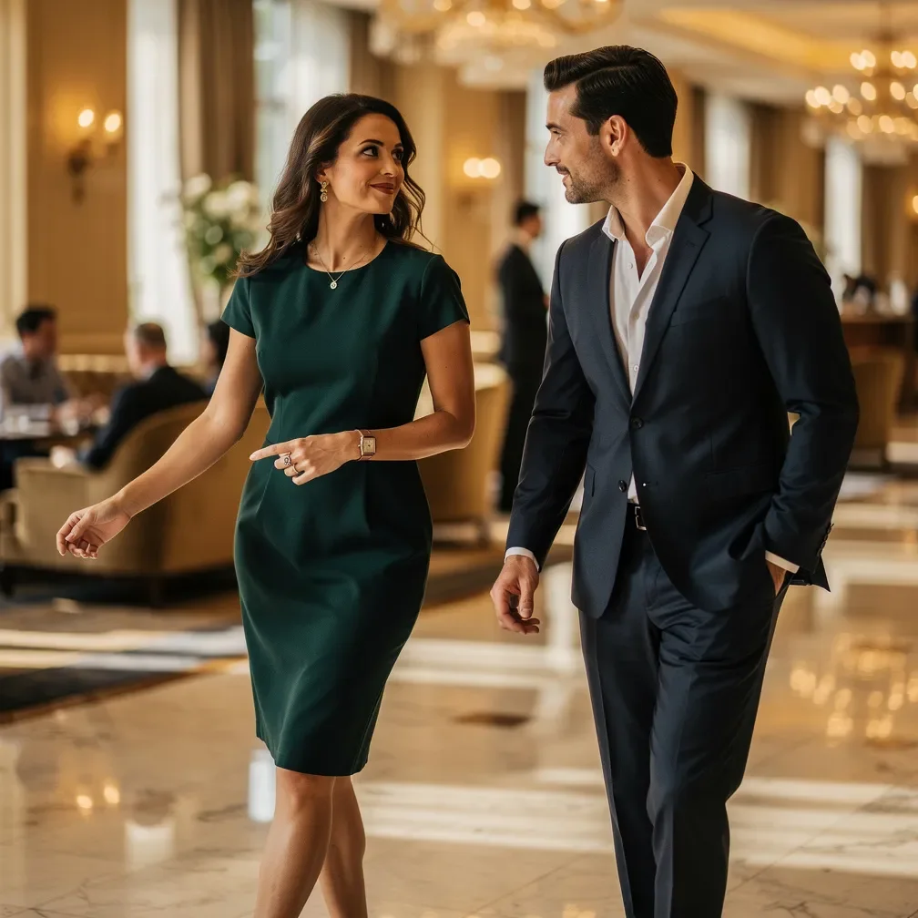 Zwei stilvoll gekleidete Erwachsene tauschen in der eleganten Lobby eines Hotels einen flirtenden Blick aus. Warmes Licht sorgt für eine romantische Atmosphäre.