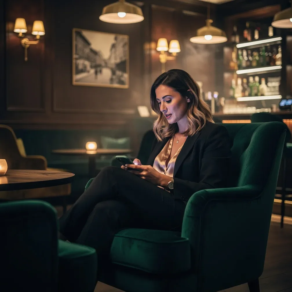 Stilvoll gekleidete Frau betrachtet diskret ihr Smartphone in einer eleganten Hotellounge mit warmer, gedämpfter Beleuchtung.