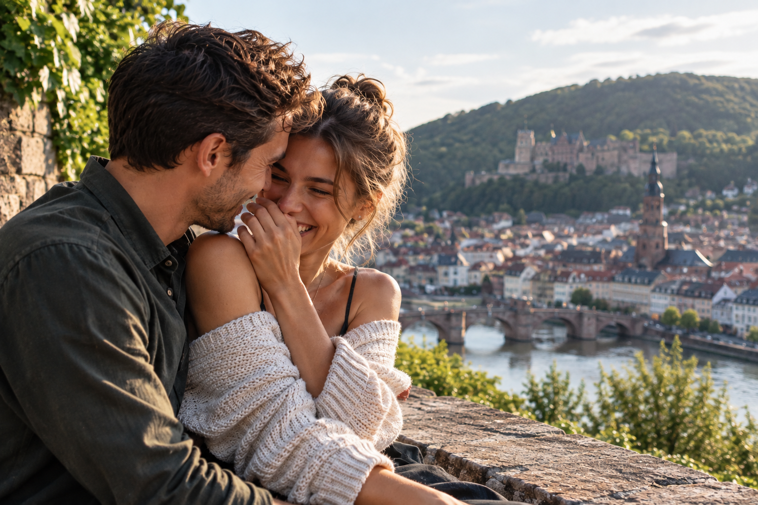 Lachendes Paar bei einem romantischen City-Date mit Blick über die Heidelberger Altstadt – eine prickelnde Idee für Alphabet Dating mit C.