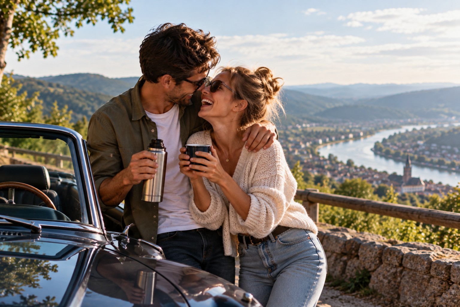 Lachendes Paar umarmt sich bei einem romantischen Cabrio-Date mit Kaffee und Panoramablick ins Flusstal – eine flirtige C-Date-Idee fürs Alphabet Dating.