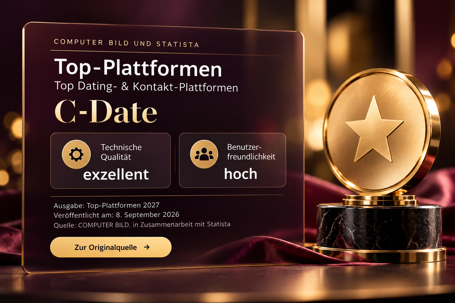 Redaktionelle Grafik zu den veröffentlichten COMPUTER BILD und Statista Bewertungen von c-date.de 2027: technische Qualität exzellent, Benutzerfreundlichkeit hoch.