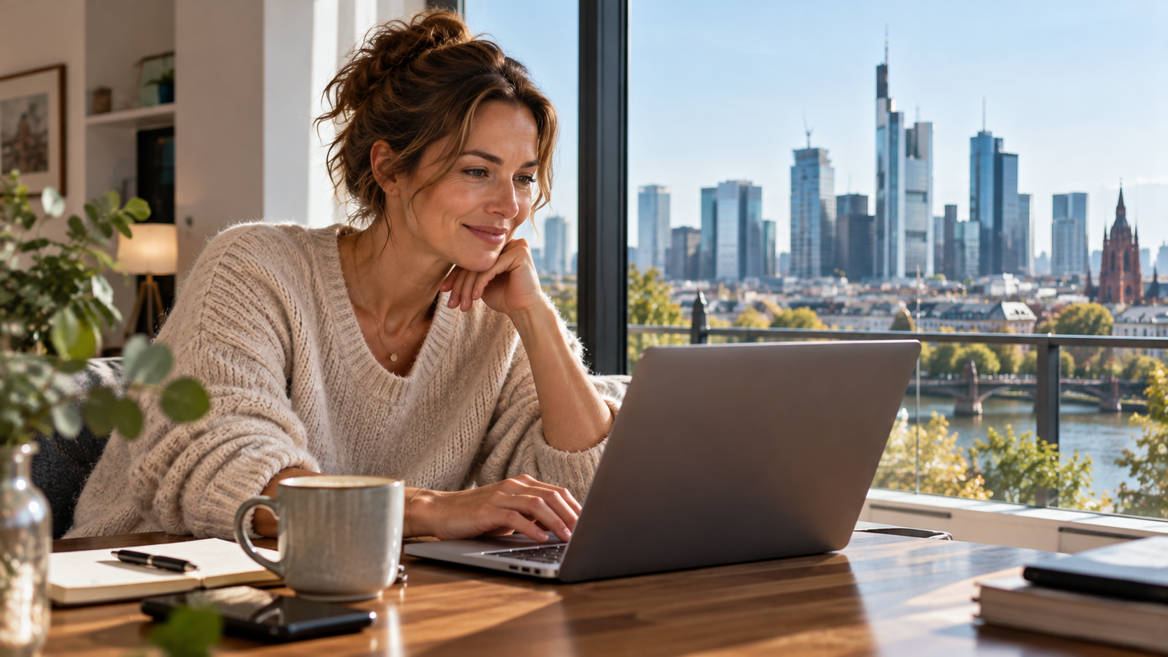 Symbolfoto (KI-generiert): Eine Frau nutzt zu Hause einen Laptop; im Hintergrund ist die Frankfurter Skyline zu sehen.