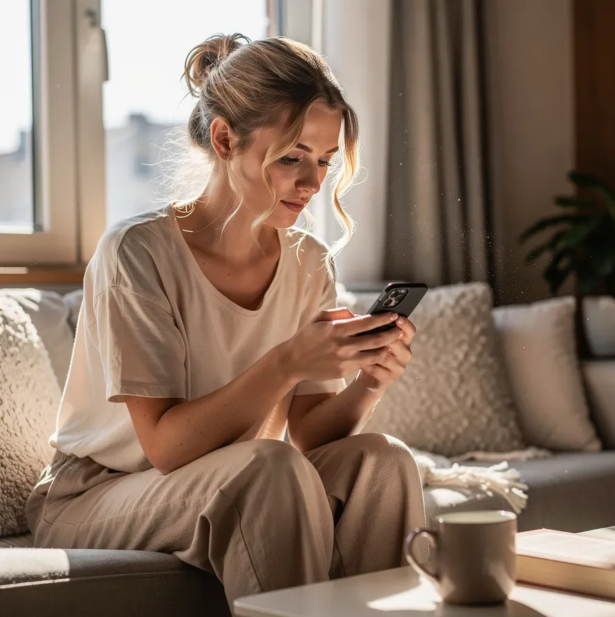 Symbolfoto: Eine Frau nutzt zu Hause ihr Smartphone; die abgebildete Person ist kein zitiertes C-Date Mitglied.